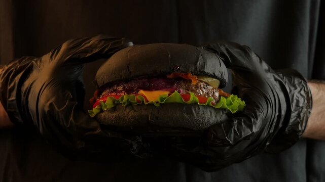 Black Bun Burger Close Up, Gourmet Fast Food on Warm Background