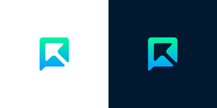 Abstract modern abstract speech bubble arrow logo design in gradient colors on light and dark backgrounds, symbolizing communication and direction