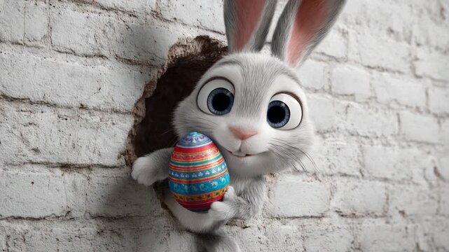 A charming bunny, holding a vibrantly decorated easter egg, pops out of a textured brick wall, showcasing a scene of cuteness and seasonal cheer. 