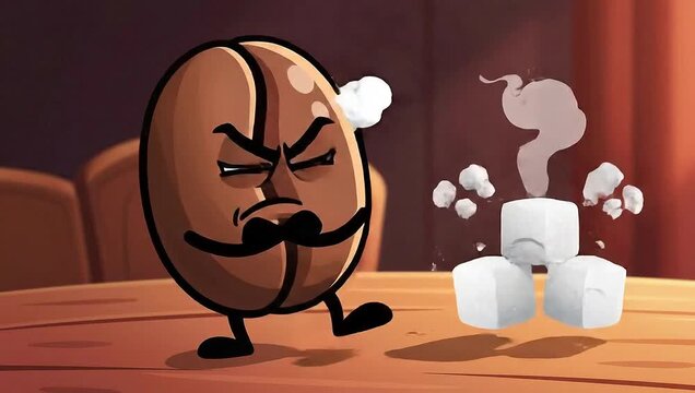 Angry Coffee Bean Cartoon Character Confronting Sugar Cubes.