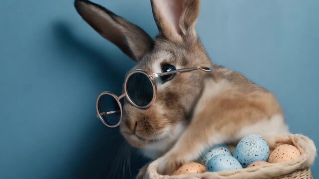 A cool rabbit, sporting stylish sunglasses, casually leans against a backdrop, with a basket of colorful Easter eggs in this charming scene.