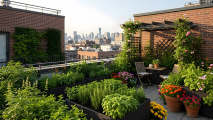Obraz premium Urban gardening oasis featuring wooden planters flowers and a seating area overlooking the cityscape