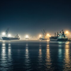 Obraz premium Nighttime industrial port with cargo ships and cranes under a dark sky, reflecting lights on the water.
