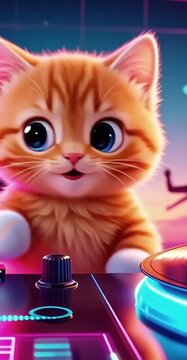 Cute ginger kitten with big eyes close-up colorful background