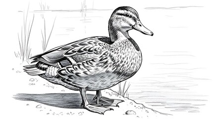 Realistic Duck Pencil Sketch by Water