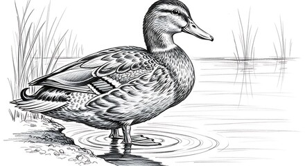 Duck Standing in Water Pencil Illustration