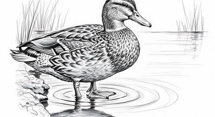Detailed Duck Pencil Drawing in Natural Habitat