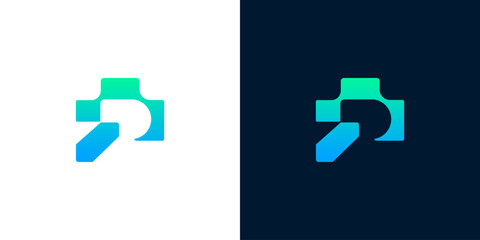 Abstract digital logo representing technology and innovation with a vibrant gradient, presented on white and dark backgrounds