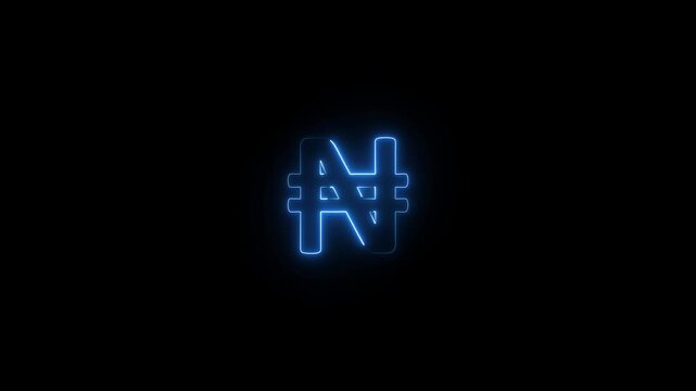 Glowing Neon light Naira Sign Symbol animation on black background. Business and finance conceptual neon light Naira icon animation.