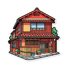 A cartoon-style illustration of a two-story red house