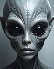 A close up of a gray humanoid being with large black eyes