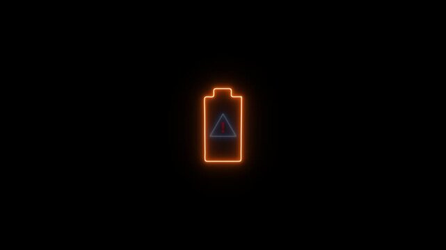 A battery charging error icon on black background. A battery charging error icon made of glowing neon.