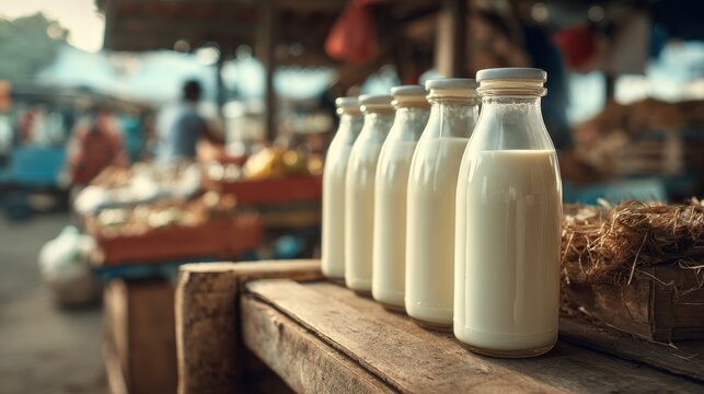 Packaged milk displayed in rural market stall farm-to-consume on blurred background 