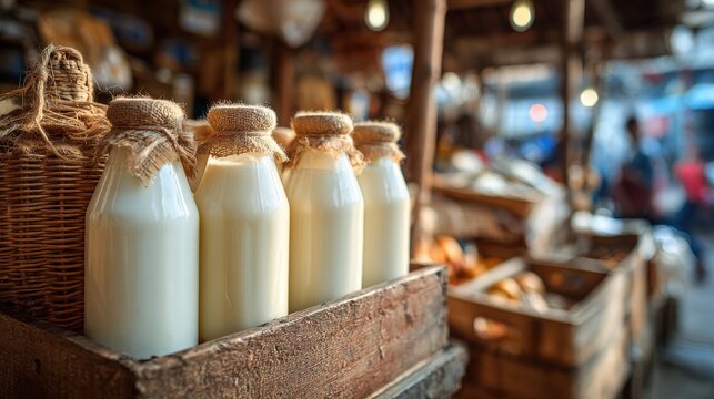 Packaged milk displayed in rural market stall farm-to-consume on blurred background 