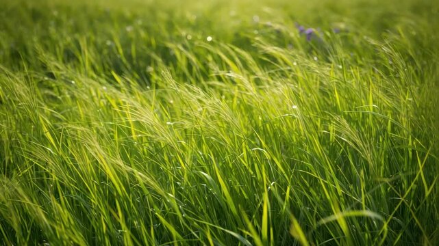 Lush green field of dewy blades swaying in gentle breeze with soft sunlight and peaceful mood