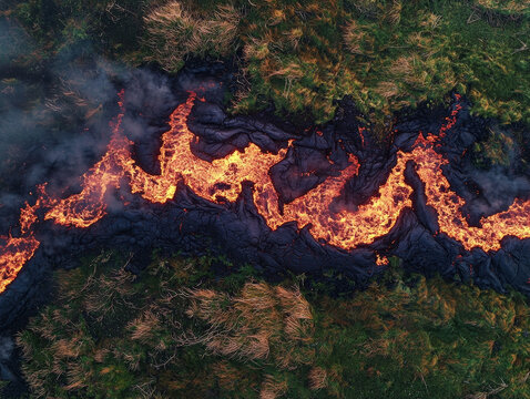Vibrant molten lava river carves through dark volcanic rock, bordered by green and brown grassy fields, seen from above