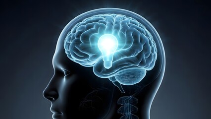 Obraz premium A glowing lightbulb illuminated within a transparent human brain, symbolizing innovation and intelligence