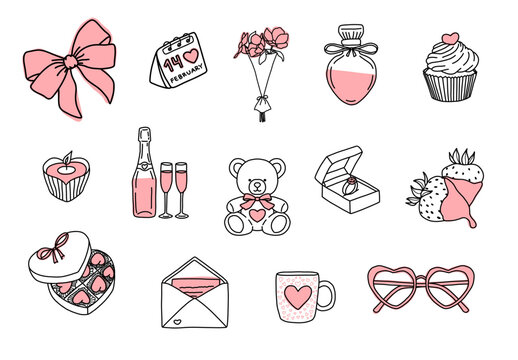 Cute valentine day doodle set with hand drawn romantic gift icons featuring teddy bear heart chocolate and love letter art decoration