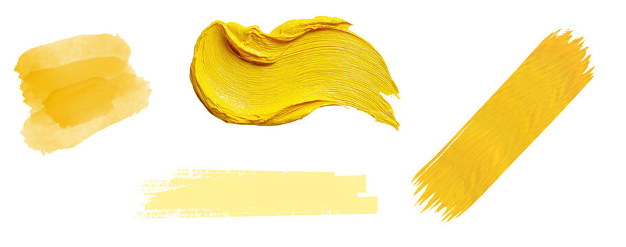 Yellow watercolor and acrylic paint strokes, textured brush swatches, isolated PNG with Transparent Background