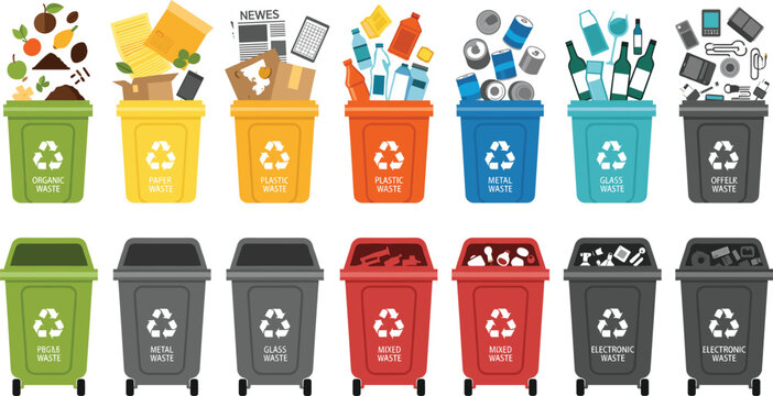 Set of colorful recycling bins for waste segregation including organic paper plastic metal glass and electronic waste isolated on grey background