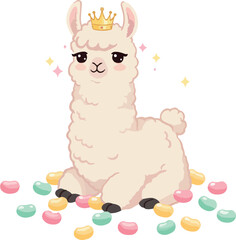 Obraz premium Cute Llama Princess Sitting On Jelly Beans With Crown And Stars