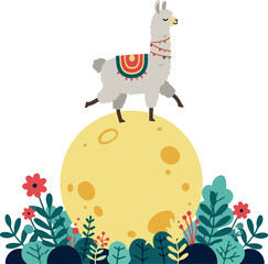 Obraz premium Cute Llama Standing on Moon with Colorful Flowers and Leaves Flat Design