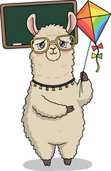 Obraz premium Cute Llama Teacher Holding Rainbow Kite Near Chalkboard