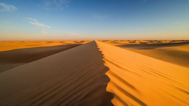 Golden sand dune ridge at sunset with rippled dunes leading into vast desert under warm blue sky