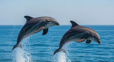 Obraz premium Two dolphins leap from the oceans surface against a horizon splashing water