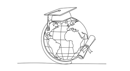 A black and white illustration of a globe wearing a graduation cap and holding a book on a white background