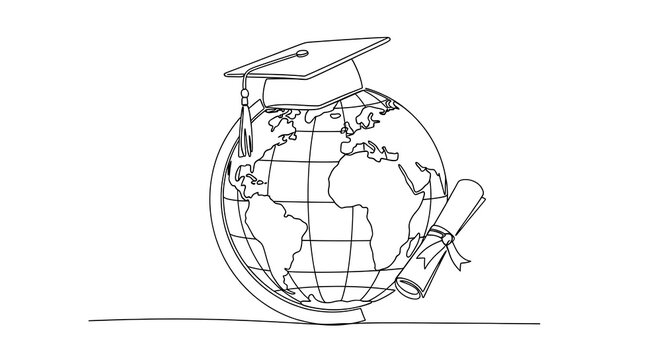 A black and white illustration of a globe wearing a graduation cap and holding a book on a white background