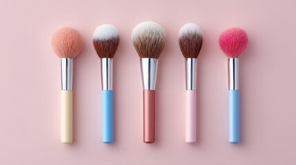Collection of Colorful Makeup Brushes Arranged Neatly on Soft Pink Background for Beauty and Cosmetics Product Promotions