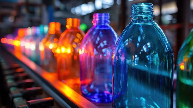 Plastic products being molded into bottle shapes using blow molding on blurred background 