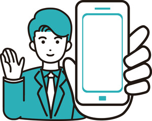 Business Man Holding a Mobile Device. Image for Mobile App, SNS, and Communication.
