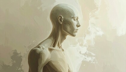 _An asymmetrical human-like structure,_one side incomplete by design,_muted tones, fla