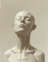 _An asymmetrical human-like structure,_one side incomplete by design,_muted tones, fla