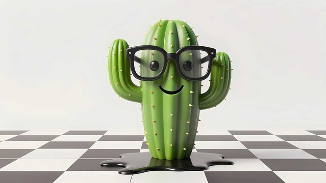 Smiling glossy cactus with oversized glasses on surreal checkerboard floor