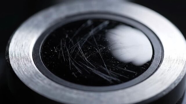 Close Up of a Cracked Camera Lens Hidden Within a Metallic Ring.