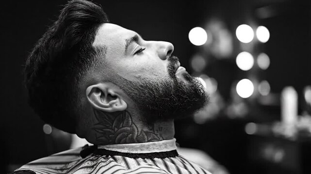 Man with closed eyes getting a haircut in a barber shop with a barber cape on