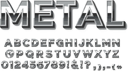 Shiny metal chrome 3D alphabet font with numbers and symbols isolated on grey background for gaming and futuristic graphic design © Shakhawat