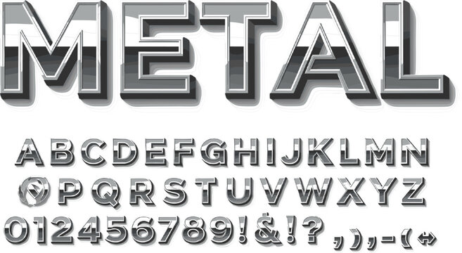 Shiny metal chrome 3D alphabet font with numbers and symbols isolated on grey background for gaming and futuristic graphic design
