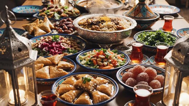 Traditional Middle Eastern feast table with lanterns and hot food