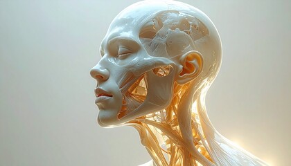 An asymmetrical human-like structure,_one side incomplete by design,_muted tones,