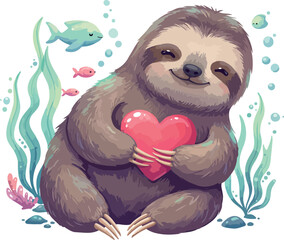 Fototapeta premium Cute Sloth Holding Pink Heart Underwater Sea Life with Algae and Fish