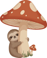 Fototapeta premium Cute Sloth Hugging Giant Mushroom Rustic Woodland Scene