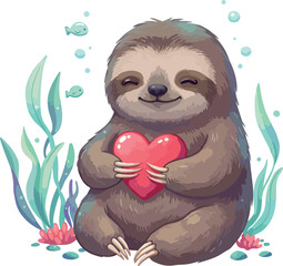 Fototapeta premium Cute Sloth Holding Pink Heart Underwater With Seaweed Bubbles