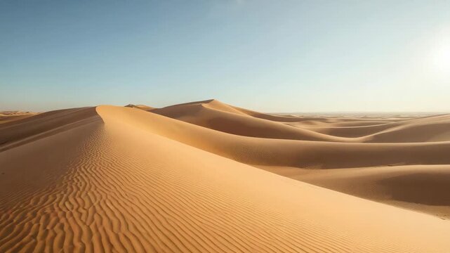 Golden sand dune desert under clear sky with soft sunlight rippled horizon sunlight