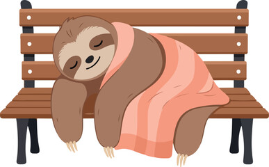 Fototapeta premium Cute Sloth Sleeping Peacefully Wrapped in Pink Blanket on Wooden Park Bench