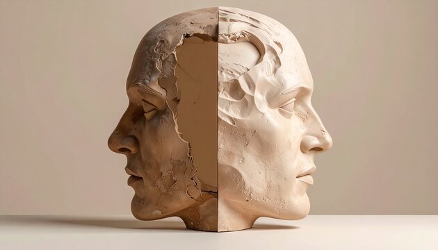 _An asymmetrical human-like structure,_one side incomplete by design,_muted tones, fla