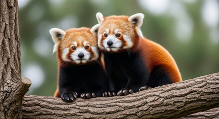 Obraz premium Two red pandas sit on a tree branch looking forward with attentive expressions
